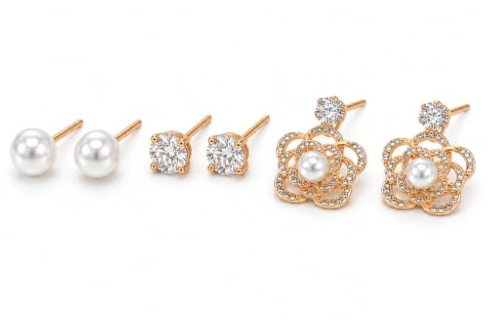 3 Pairs Earrings Set, Pearl & Crystal Studs